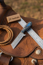 Load image into Gallery viewer, Western Bull Cutter 7” Knife – Damascus Ranch Blade with Blue Stabilized Handle &amp; Sheath