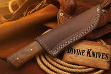 Load image into Gallery viewer, Two-Tone Blue Accent Damascus Knife with Warm Tan Wood Handle