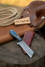 Load image into Gallery viewer, Western Bull Cutter 7” Knife – Damascus Ranch Blade with Blue Stabilized Handle &amp; Sheath