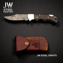 Load image into Gallery viewer, American Flag Damascus Folding Hunter with Ram Horn Handle