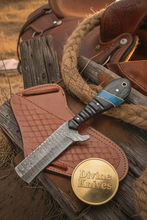 Load image into Gallery viewer, Micarta and Turquoise Bull Cutter with Scale Pattern Damascus Blade