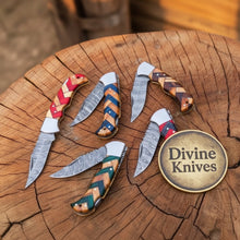 Load image into Gallery viewer, Damascus Chevron Wood Pocket Knife Set for Everyday Carry