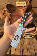 Load image into Gallery viewer, Damascus Bull Cutter Knife Multi-Color Rainbow Resin Handle, Christian Cross Blade Engraving, Steel Bolster &amp; Lanyard Hole