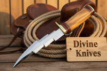 Load image into Gallery viewer, Olive Wood Damascus Knife Accented with Red and Brass Rings