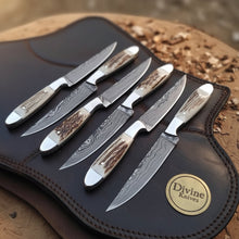 Load image into Gallery viewer, Denton Damascus Steak Knives with Antler Handles