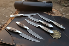 Load image into Gallery viewer, Denton Damascus Steak Knives with Antler Handles