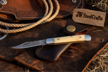 Load image into Gallery viewer, Handmade Damascus Steel Folding Pocket Trapper Knife 4"with Bone Handle
