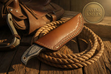 Load image into Gallery viewer, Yellow Accent Damascus Knife with Gray Wood Handle and Lanyard Hole