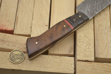 Load image into Gallery viewer, Brown Wood Damascus Knife Accented with a Bold Red Band