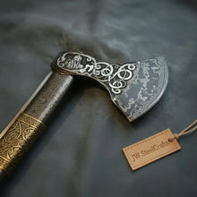 Load image into Gallery viewer, Hand Engraved Damascus Viking Axe with Carved Hardwood Handle and Matching Damascus Knife | Norse Collector Axe Set | JW SteelCrafts