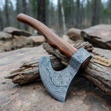 Load image into Gallery viewer, Damascus Steel Camp Axe with 19 Inch Rosewood Handle, Handmade Bushcraft Hatchet with Leather Sheath