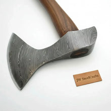 Load image into Gallery viewer, Hand Forged Damascus Steel Viking Axe – True Layered Bearded Axe with Hardwood Handle &amp; Leather Sheath | JW SteelCrafts