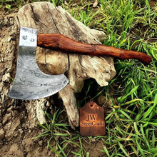 Load image into Gallery viewer, Matching Pair of Hand-Forged Damascus Bearded Axes with Curved Rosewood Handles