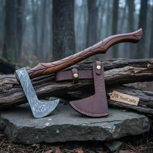 Load image into Gallery viewer, Custom Handmade Damascus steel Viking axe With Pure Leather sheath