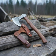 Load image into Gallery viewer, Norse Pattern Acid Etched Bushcraft Belt Viking Bearded Axe with Leather Carry Sheath