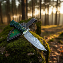 Load image into Gallery viewer, Damascus Bowie Hunting Knife with G10 Handle &amp; Leather Sheath