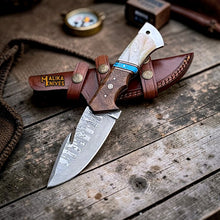 Load image into Gallery viewer, Damascus Gut Hook Hunting Knife with Wood Handle &amp; Sheath