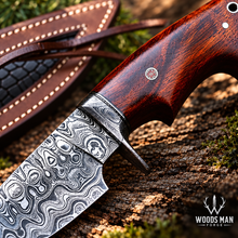 Load image into Gallery viewer, Damascus Field Dressing Knife with Wooden Handle &amp; Leather Sheath