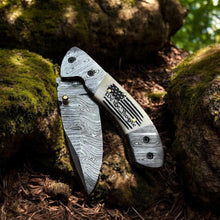 Load image into Gallery viewer, Damascus Folding Knife with Camel Bone Handle | Hand-Engraved People’s Flag | EDC Knife with Gift Box