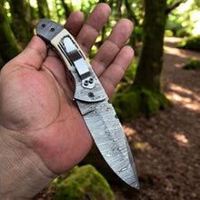 Load image into Gallery viewer, Damascus Folding Knife with Camel Bone Handle | Hand-Engraved People’s Flag | EDC Knife with Gift Box