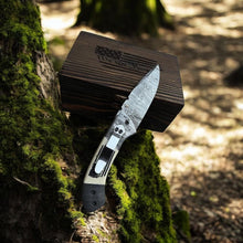 Load image into Gallery viewer, Damascus Folding Knife with Camel Bone Handle | Hand-Engraved People’s Flag | EDC Knife with Gift Box