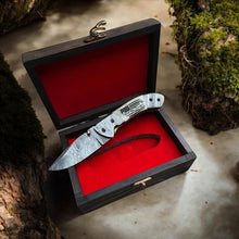 Load image into Gallery viewer, Damascus Folding Knife with Camel Bone Handle | Hand-Engraved People’s Flag | EDC Knife with Gift Box