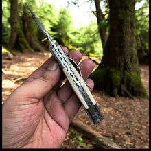 Load image into Gallery viewer, Damascus Folding Knife with Camel Bone Handle | Hand-Engraved People’s Flag | EDC Knife with Gift Box