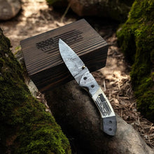 Load image into Gallery viewer, Damascus Folding Knife with Camel Bone Handle | Hand-Engraved People’s Flag | EDC Knife with Gift Box