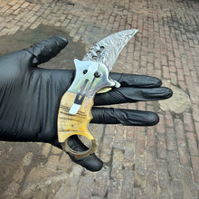 Load image into Gallery viewer, Wolf Claw Damascus Folding Karambit with Engraved Wolf Bolster