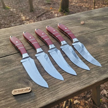 Load image into Gallery viewer, Handmade Drop Point Hunting Knife Set of 5-Piece Full Tang Blades with Red Resin Handles