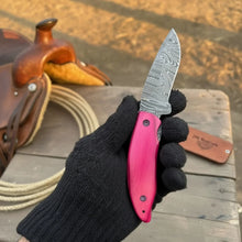 Load image into Gallery viewer, Pink Pakka Wood Damascus Folding Knife 7” Handmade Persian EDC Pocket Knife