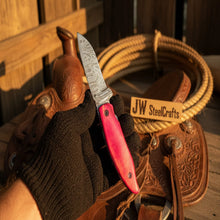 Load image into Gallery viewer, Pink Pakka Wood Damascus Folding Knife 7” Handmade Persian EDC Pocket Knife
