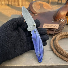 Load image into Gallery viewer, Hand Forged Damascus Gentleman’s Folding Knife Blue Pakkawood Handle Liner Lock EDC
