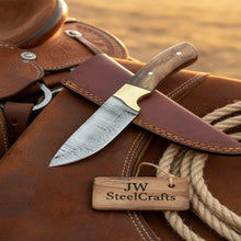Load image into Gallery viewer, Handmade Damascus Field Knife 8” Bushcraft Knife Wood Handle with Leather Sheath