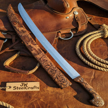 Load image into Gallery viewer, Handmade Shashka Sword 24” – Caucasian Saber Style Curved Blade with Engraved Scabbard
