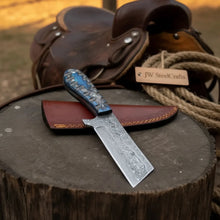 Load image into Gallery viewer, Western Bull Cutter 7” Knife – Damascus Ranch Blade with Blue Stabilized Handle &amp; Sheath