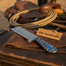 Load image into Gallery viewer, Western Bull Cutter 7” Knife – Damascus Ranch Blade with Blue Stabilized Handle &amp; Sheath
