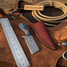 Load image into Gallery viewer, Western Bull Cutter 7” Knife – Damascus Ranch Blade with Blue Stabilized Handle &amp; Sheath