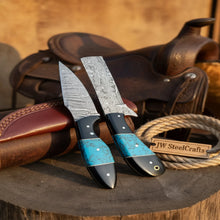 Load image into Gallery viewer, Handmade Damascus Skinner 7”–8” Knife Set Cowboy Ranch Blades Turquoise Handle with Sheath