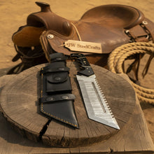 Load image into Gallery viewer, Handmade Damascus Tracker Knife 12” Sawback Blade Survival Knife Black resin Handle &amp; Sheath