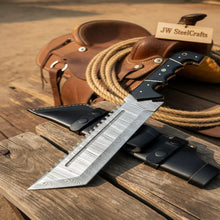 Load image into Gallery viewer, Handmade Damascus Tracker Knife 12” Sawback Blade Survival Knife Black resin Handle &amp; Sheath