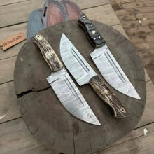 Load image into Gallery viewer, Premium Handmade Hunting Knife Set (3-Piece) Damascus Steel Fixed Blade Leather Sheaths