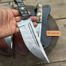 Load image into Gallery viewer, Premium Handmade Hunting Knife Set (3-Piece) Damascus Steel Fixed Blade Leather Sheaths