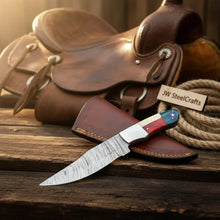 Load image into Gallery viewer, Damascus Camping Knife Fixed Blade USA Flag Resin Handle Outdoor Utility Knife with Sheath