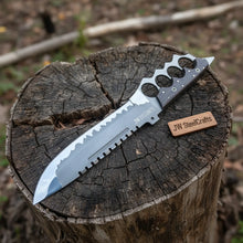 Load image into Gallery viewer, 14-Inch High Carbon Steel Combat Knife — Acid Etched Tanto Blade, Knuckle Duster Guard &amp; Wenge Wood Handle