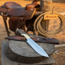 Load image into Gallery viewer, Handmade Carbon Steel Hunting Knife with Stag Horn Handle &amp; Leather Sheath