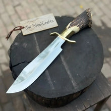 Load image into Gallery viewer, Handmade Carbon Steel Hunting Knife with Stag Horn Handle &amp; Leather Sheath