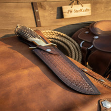 Load image into Gallery viewer, Handmade Carbon Steel Hunting Knife with Stag Horn Handle &amp; Leather Sheath