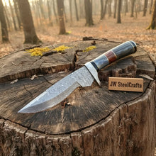Load image into Gallery viewer, Handmade Damascus Bowie Knife with Colored Bone Handle | Full Tang Fixed Blade