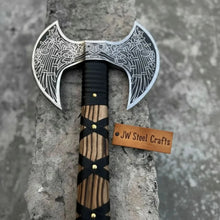 Load image into Gallery viewer, Hand Engraved Double Headed Viking Axe with Nordic Knotwork and Leather Wrapped Handle